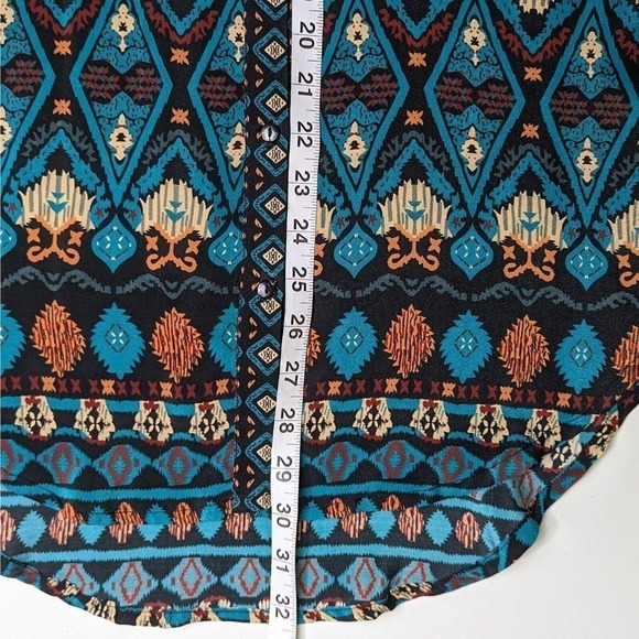 Tolani Silk Tunic Button Up Small Black Aqua Aztec Boho Blouse Prairie Roll Tab - Picture 5 of 8